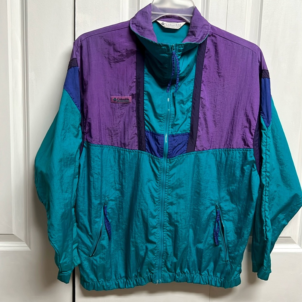 Columbia Teal Purple Nylon Zip Pockets High Neck Windbreaker Jacket Size XL